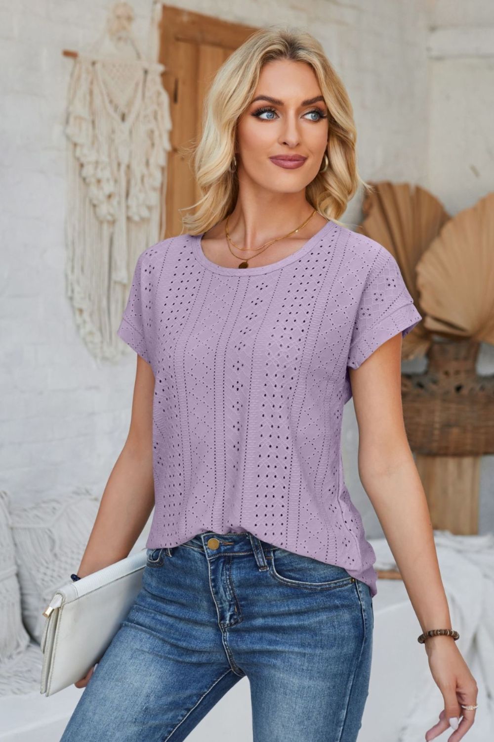 Eyelet Round Neck Rolled Short Sleeve T-Shirt-Angel Casuals