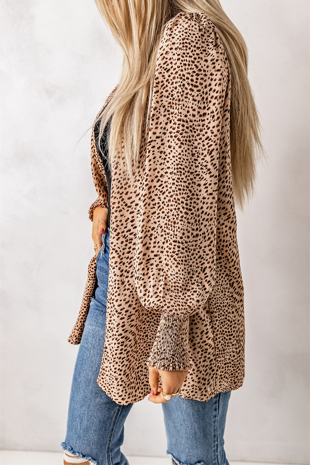 Leopard Print Balloon Sleeve Cardigan-Angel Casuals