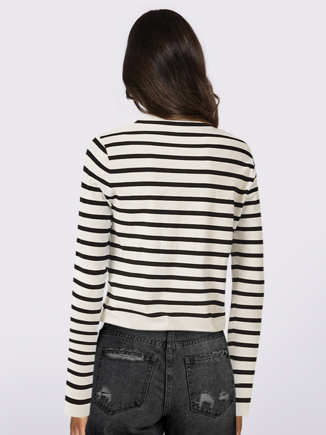 Striped Round Neck Button Up Long Sleeve Cardigan-Angel Casuals