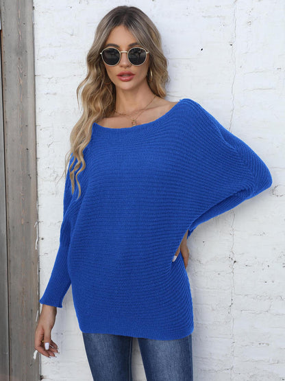 Full Size Horizontal Ribbing Dolman Sleeve Sweater-Angel Casuals