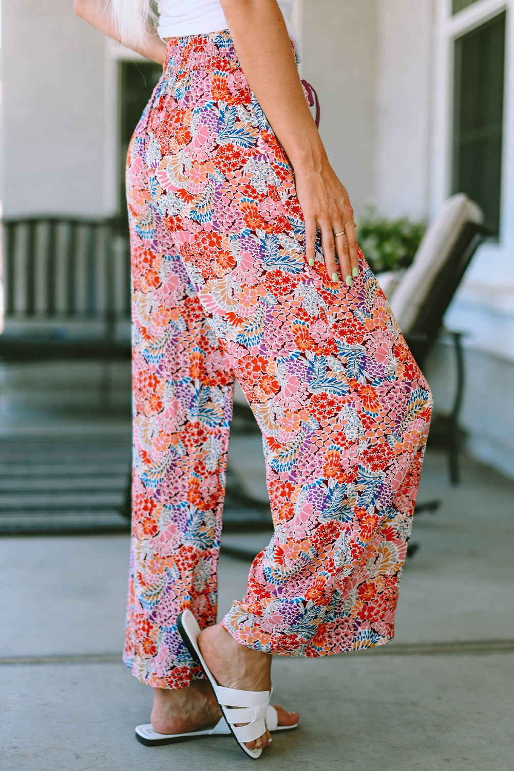 Printed Tie Waist Wide Leg Long Pants-Angel Casuals