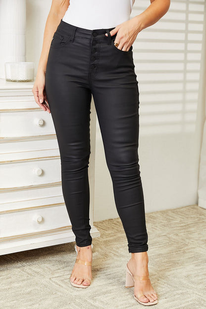 Kancan Full Size High Rise Black Coated Ankle Skinny Jeans-Angel Casuals