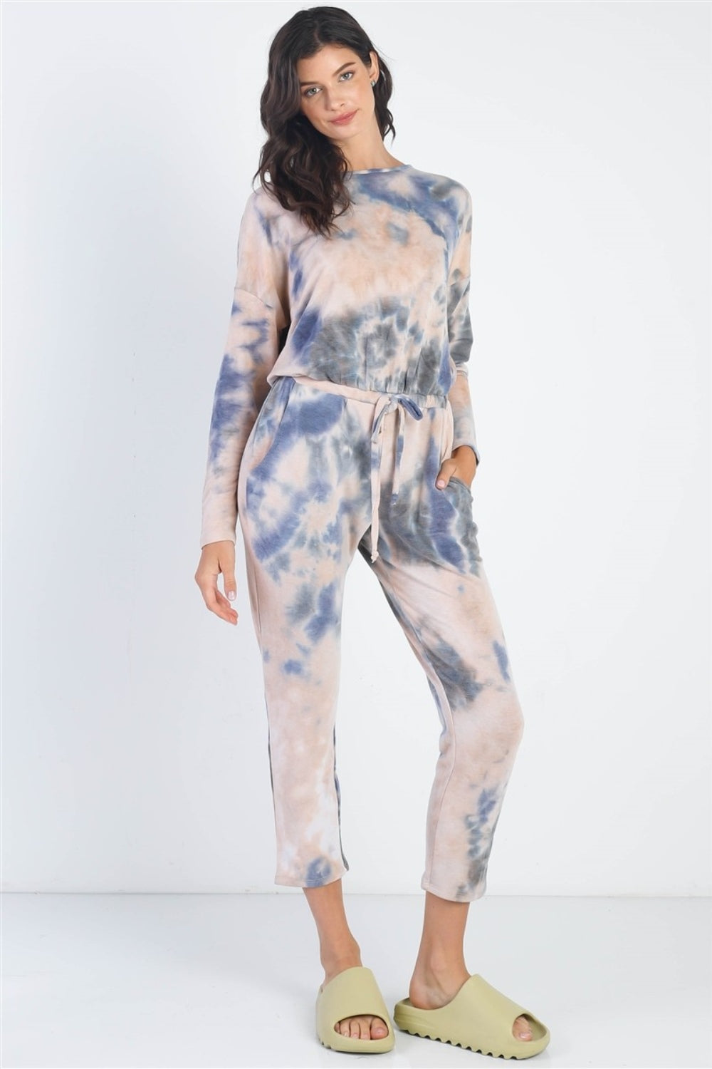 Cherish Apparel Tie-Dye Round Neck Long Sleeve Jumpsuit-Angel Casuals