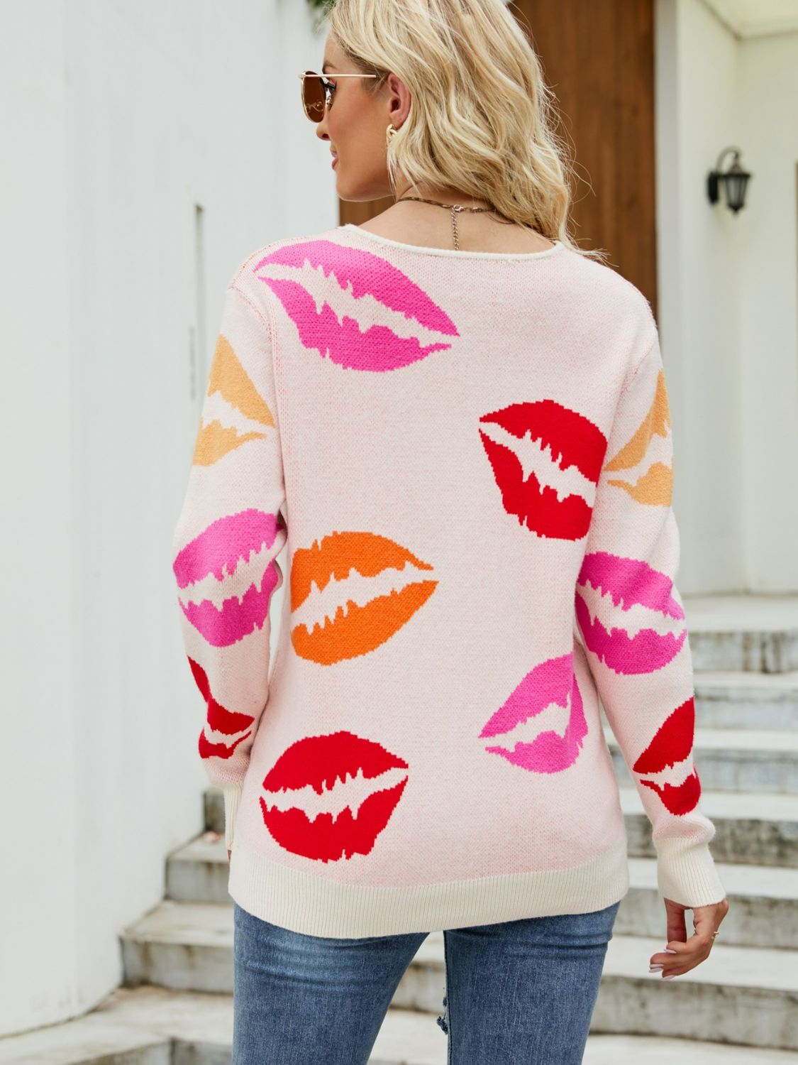 Mandy Lip Print V-Neck Knit Top-Angel Casuals