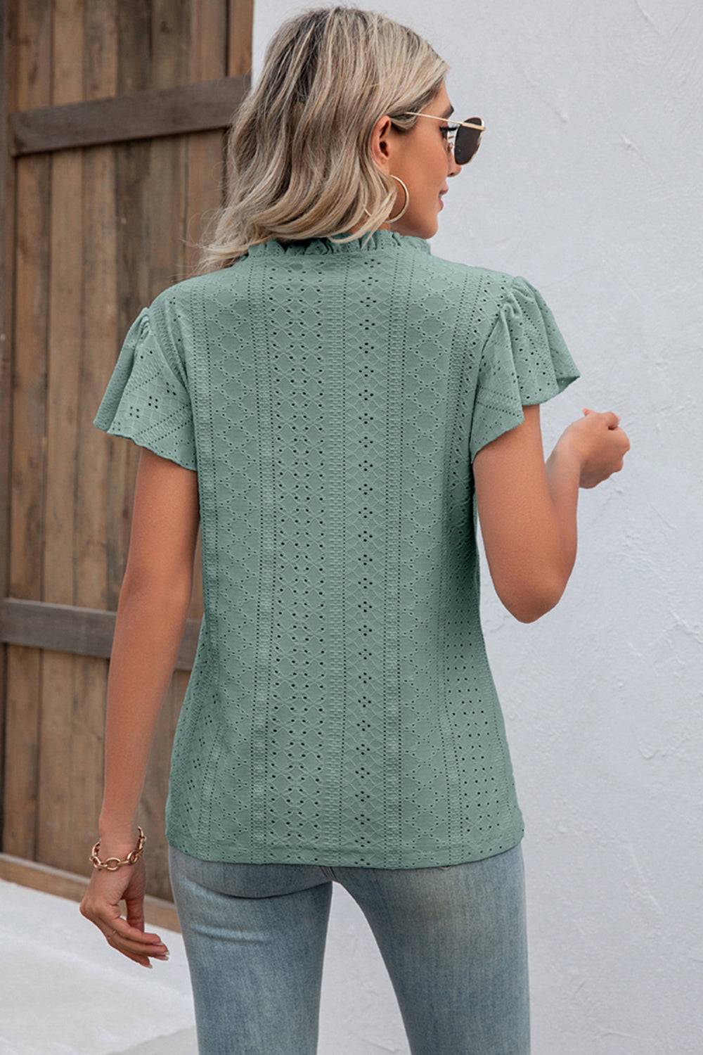 Eyelet Notched Flutter Sleeve T-Shirt-Angel Casuals