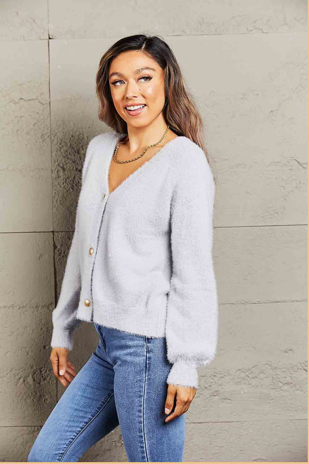 Fuzzy Long Sleeve Button Down Cardigan-Angel Casuals