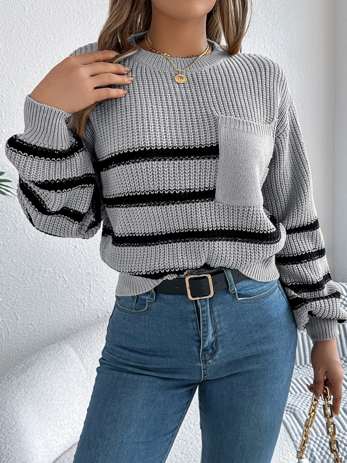 Striped Round Neck Long Sleeve Sweater-Angel Casuals