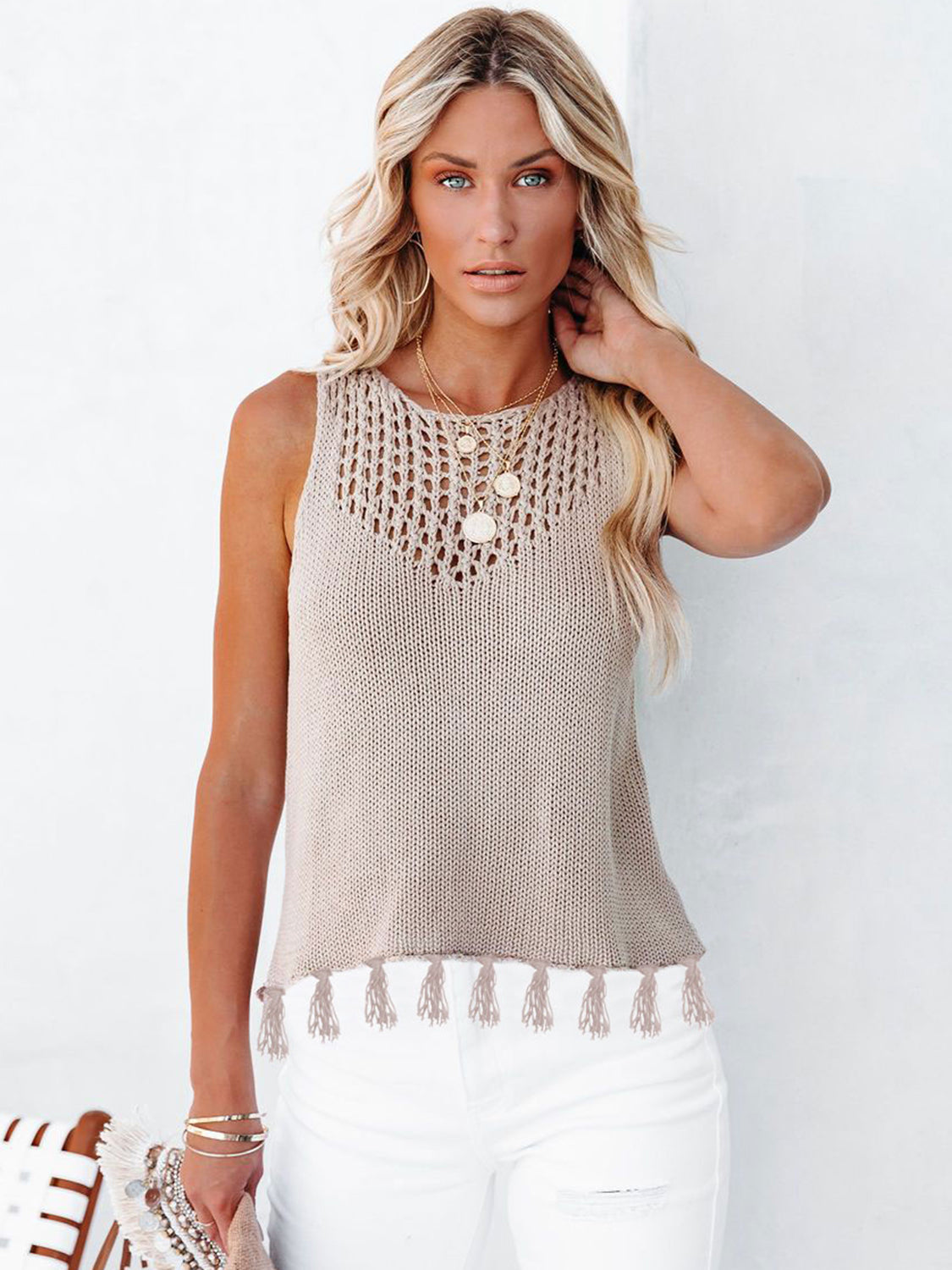 Cutout Tassel Round Neck Tank-Angel Casuals