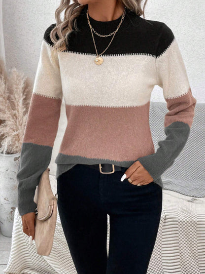 Color Block Mock Neck Long Sleeve Sweater-Angel Casuals