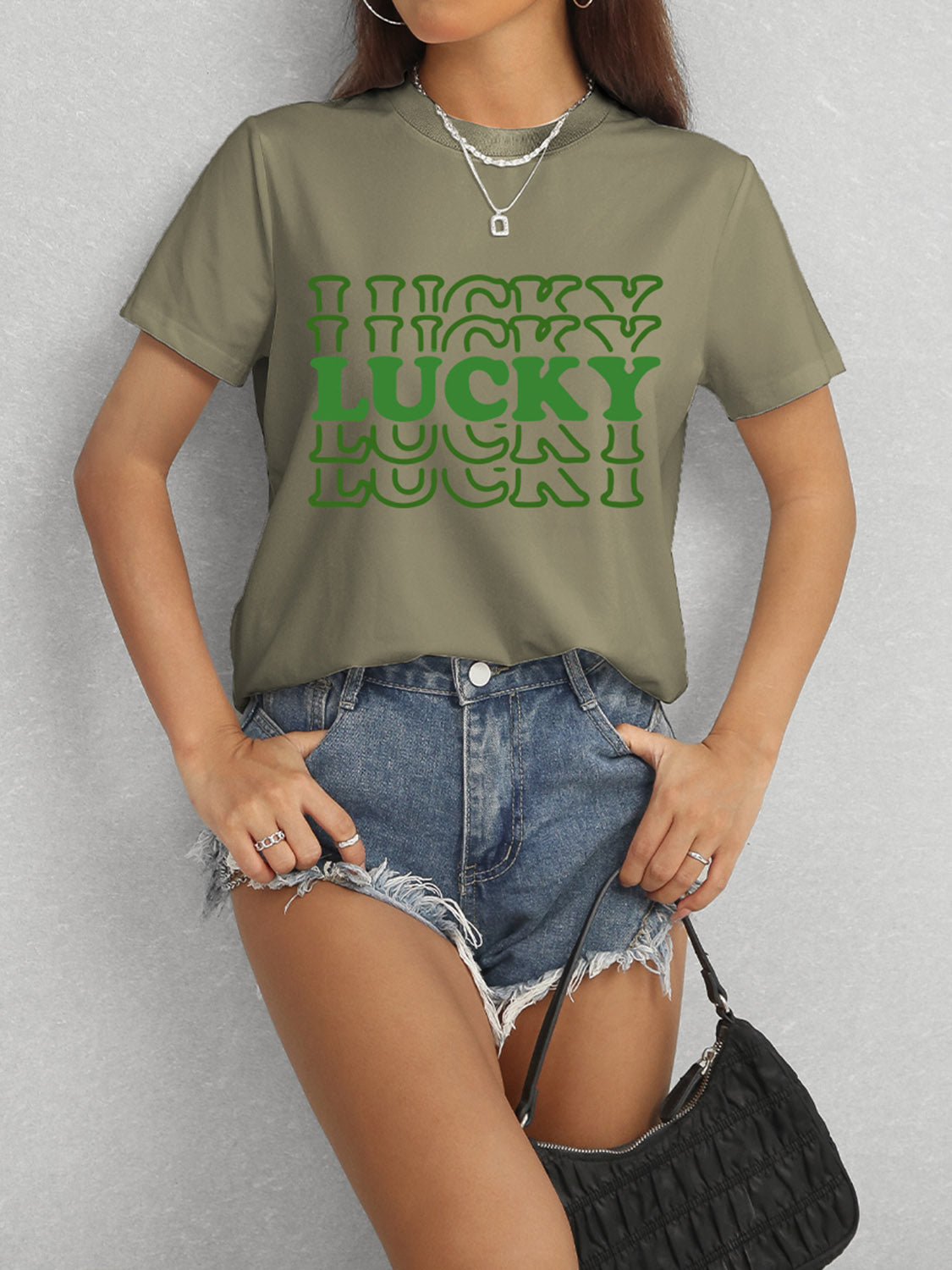 LUCKY Round Neck Short Sleeve T-Shirt-Angel Casuals