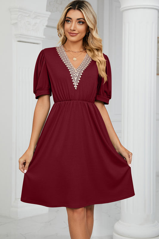 V-Neck Puff Sleeve Dress-Angel Casuals