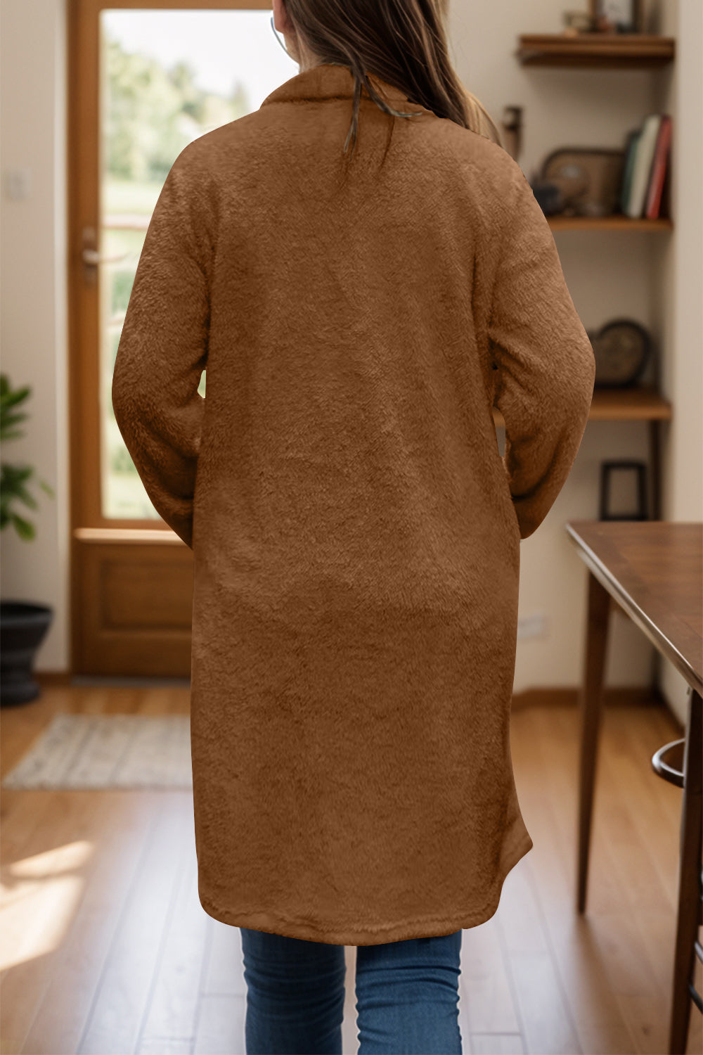 Full Size One Button Long Sleeve Longline Plush Coat-Angel Casuals