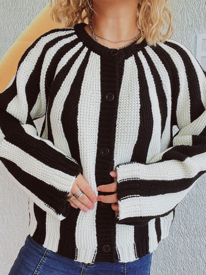 Contrast Stripes Button Down Long Sleeve Cardigan-Angel Casuals