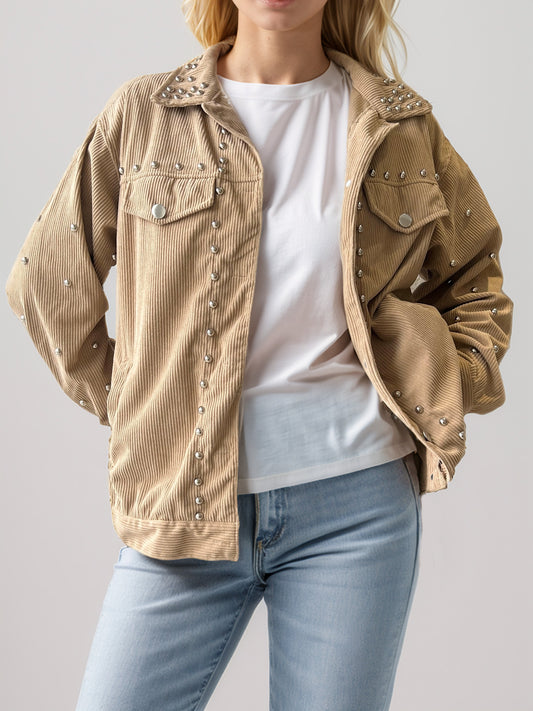 Studded Collared Neck Button Up Jacket-Angel Casuals