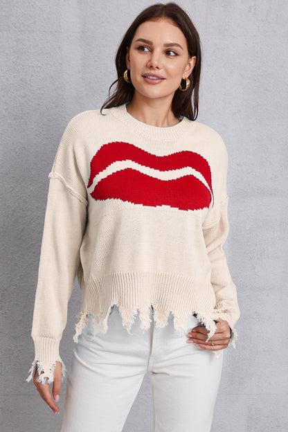 Lip Fringe Round Neck Sweater-Angel Casuals