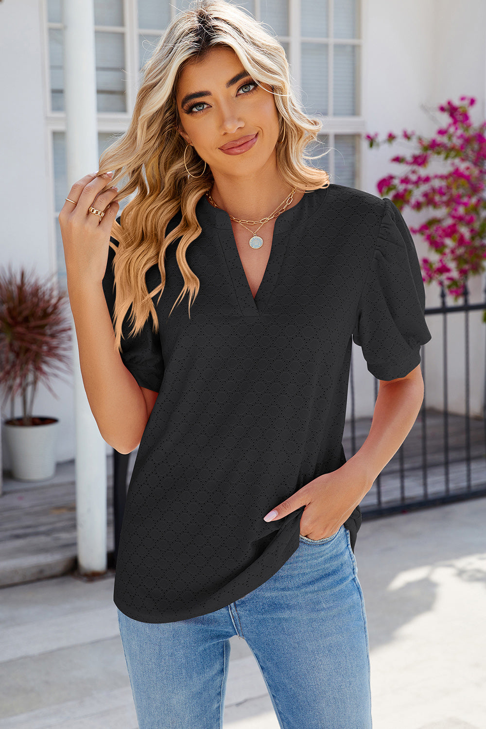 Eyelet Notched Puff Sleeve T-Shirt-Angel Casuals