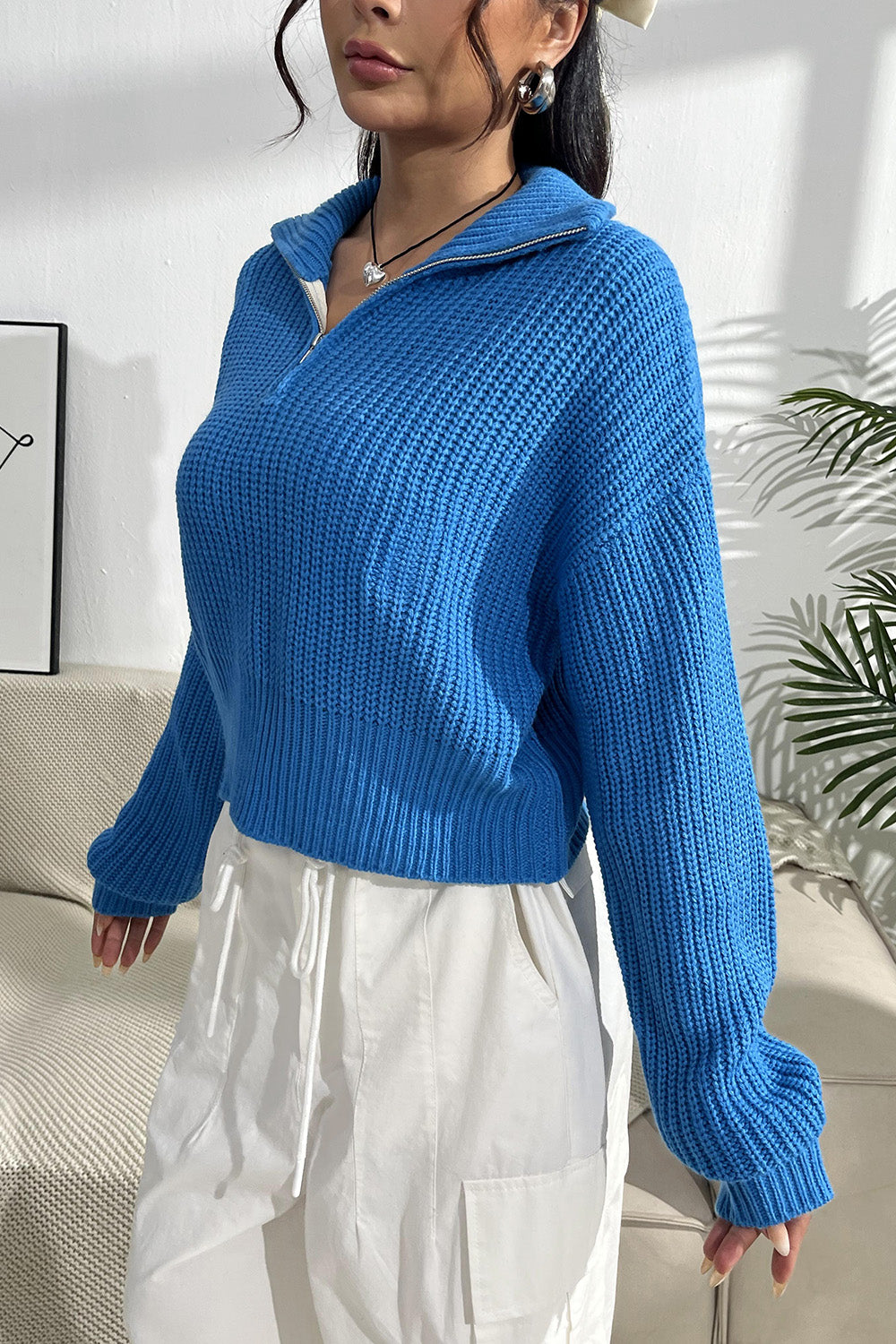 Quarter Zip Dropped Shoulder Sweater-Angel Casuals