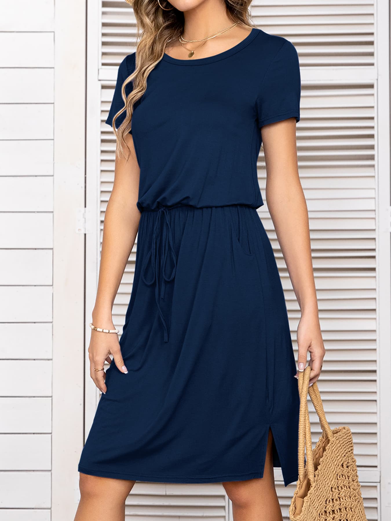 Round Neck Short Sleeve Slit Dress with Pockets-Angel Casuals