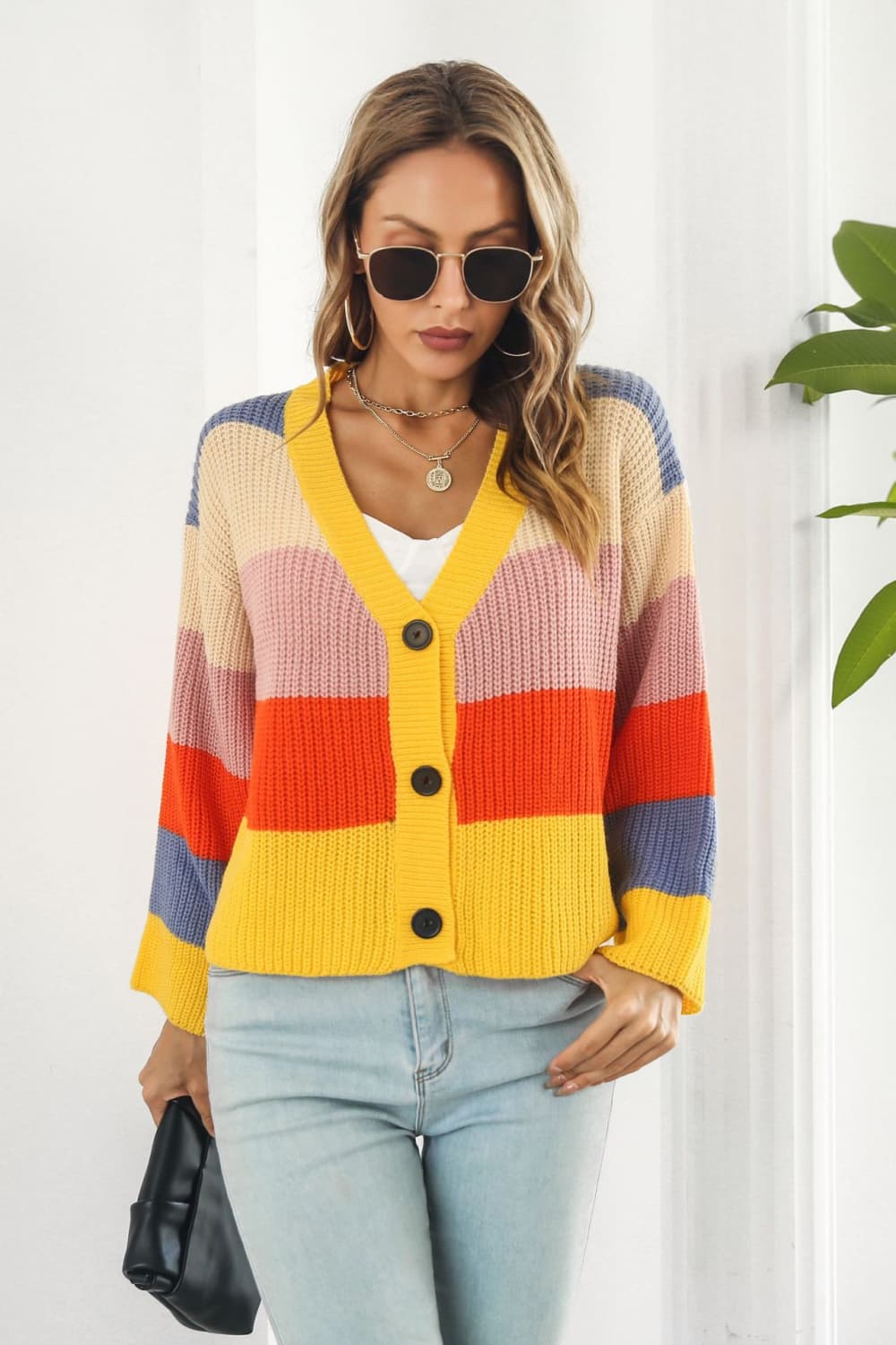 Color Block Button-Down Dropped Shoulder Cardigan-Angel Casuals