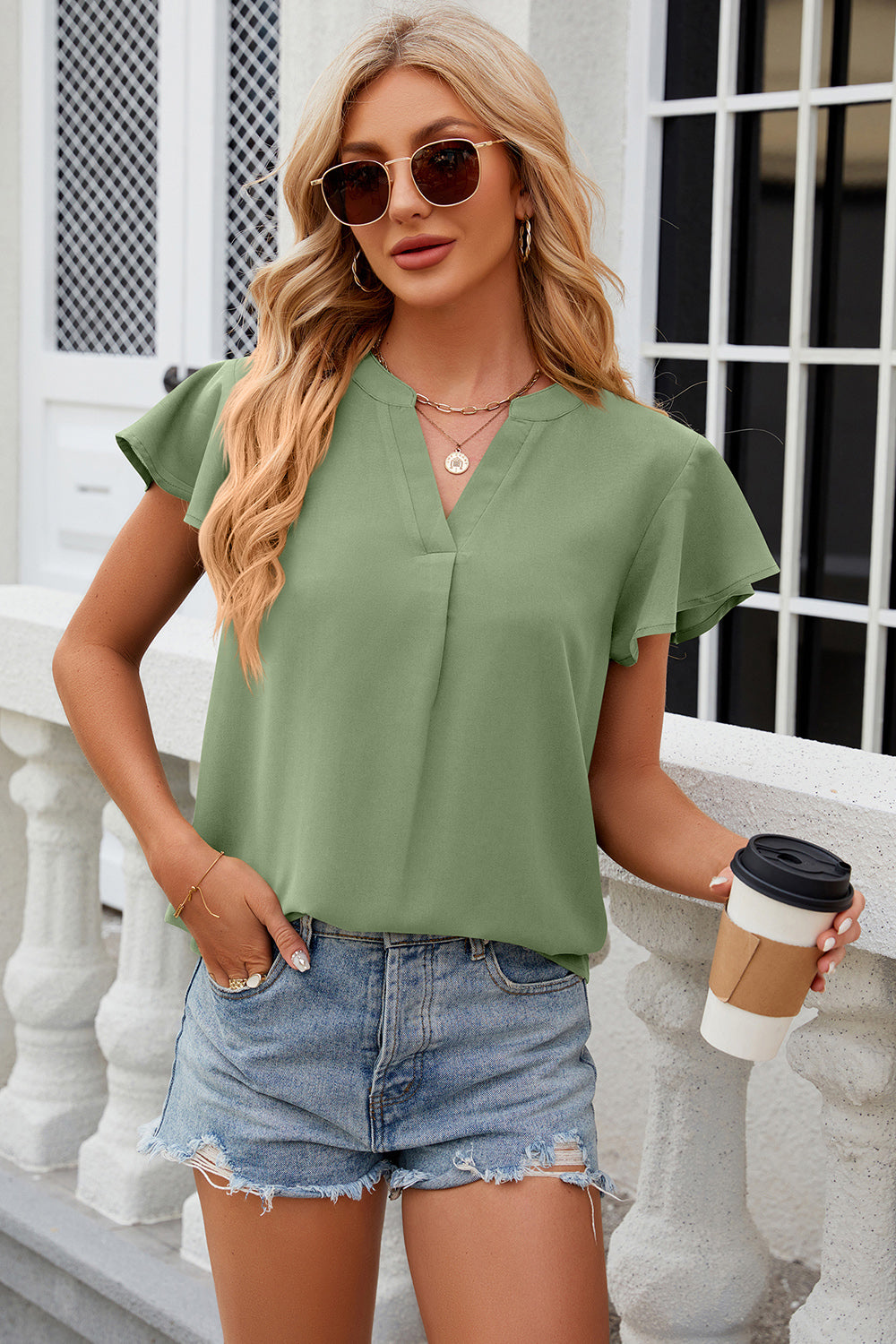 Notched Cap Sleeve T-Shirt-Angel Casuals