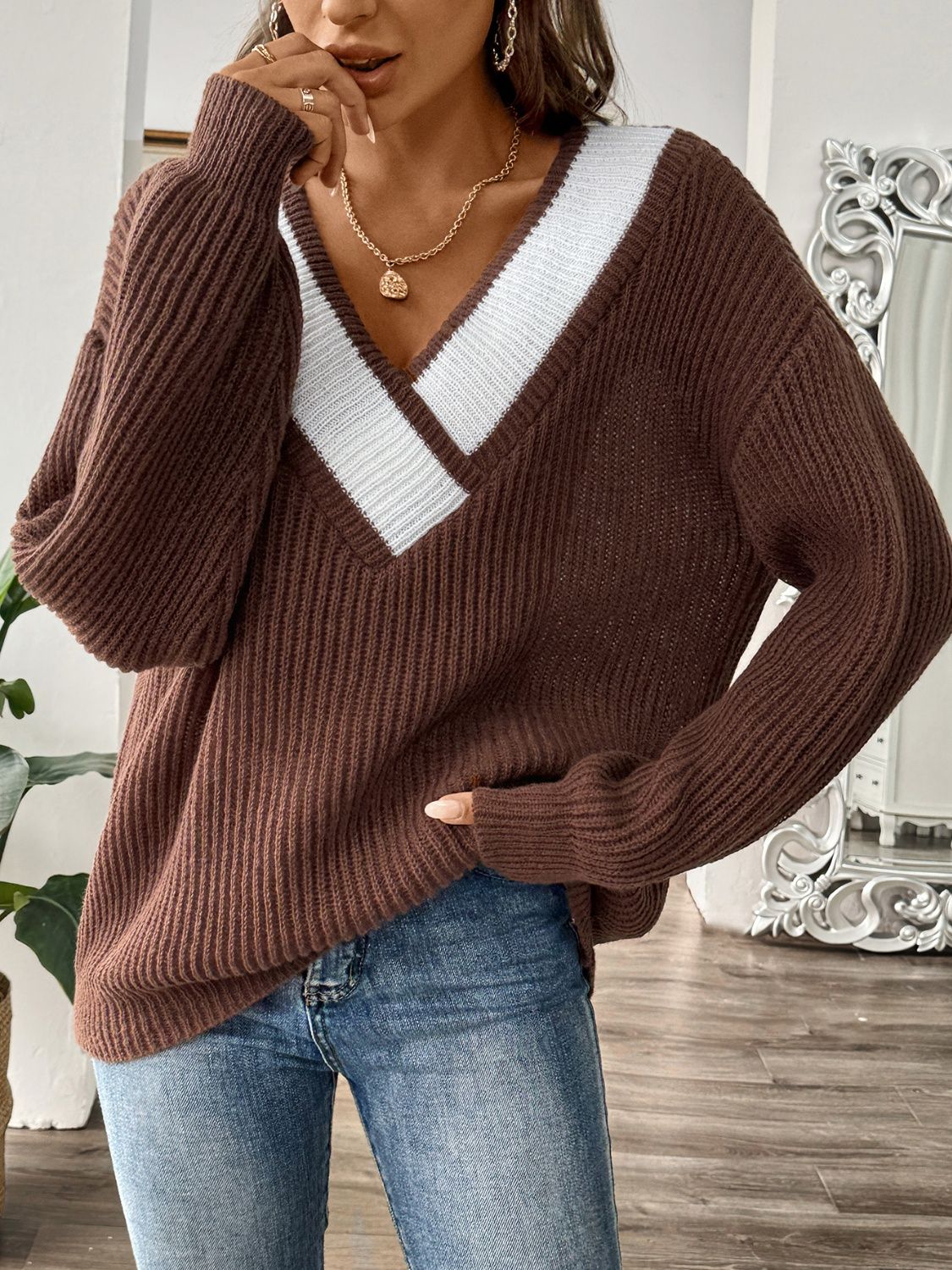 Contrast Dropped Shoulder Long Sleeve Sweater-Angel Casuals