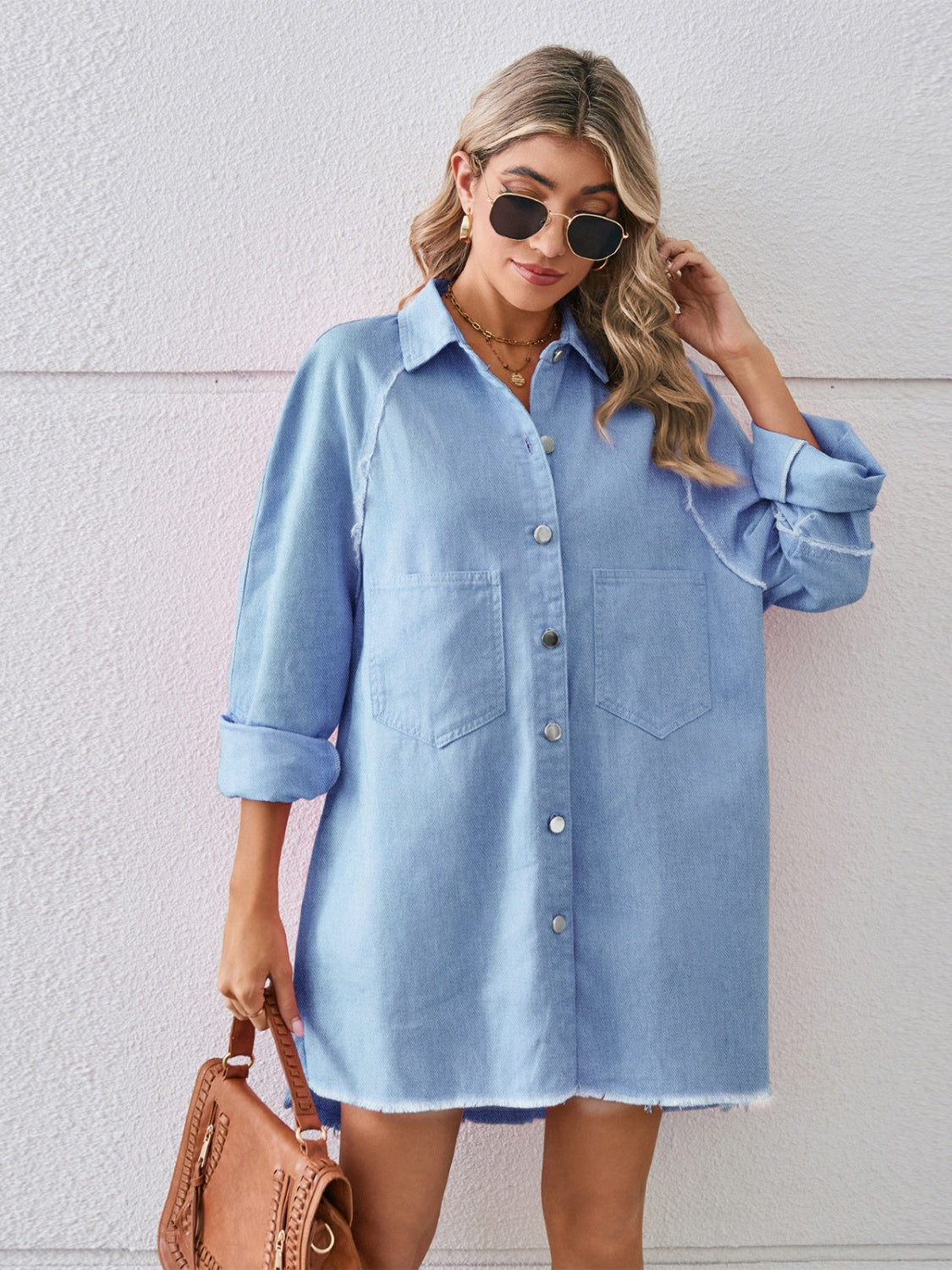 Raw Hem Button Up Denim Dress-Angel Casuals