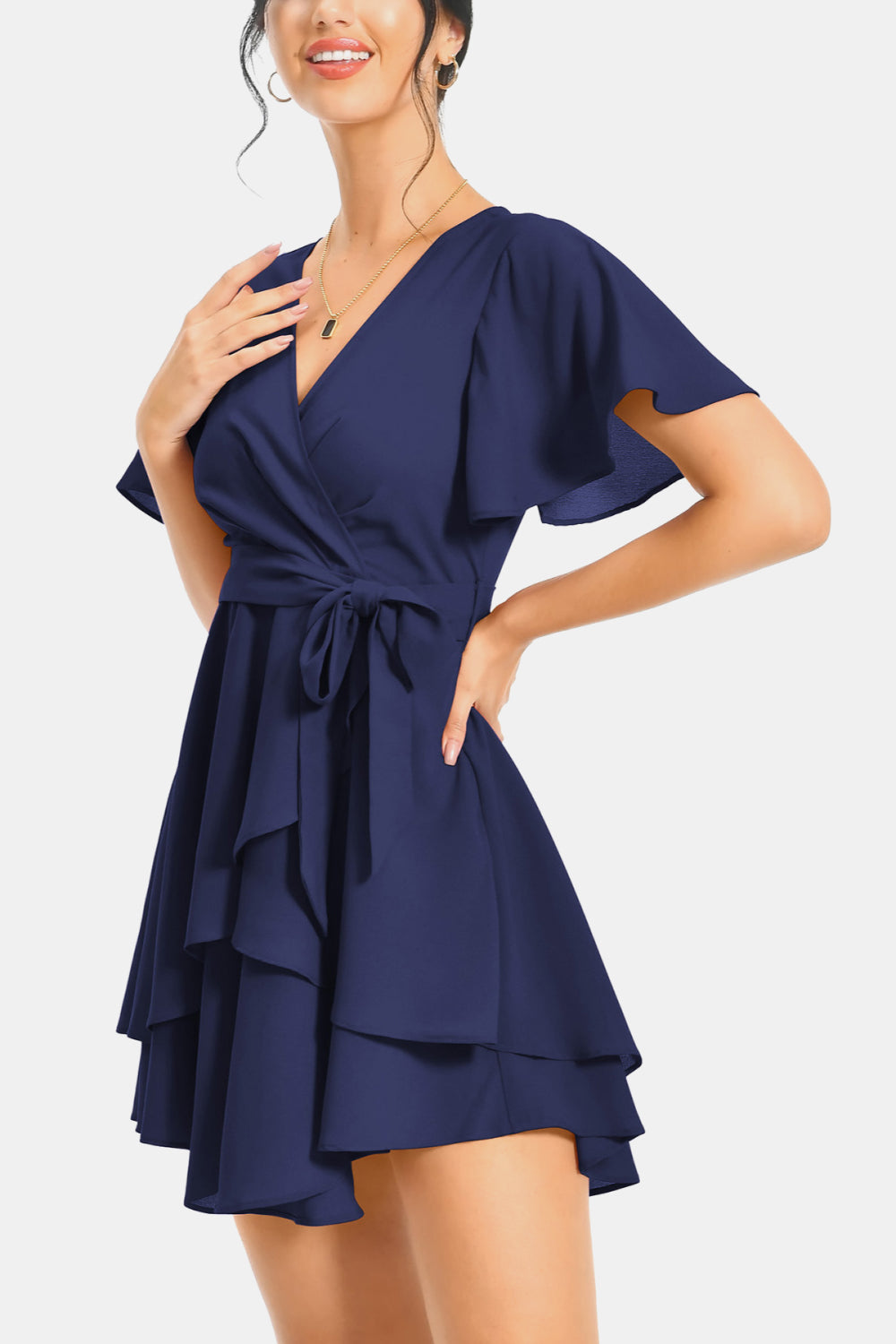 Surplice Neck Flutter Sleeve Dress-Angel Casuals