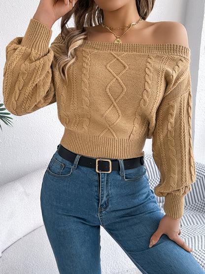 Cable Knit Off-Shoulder Long Sleeve Sweater-Angel Casuals