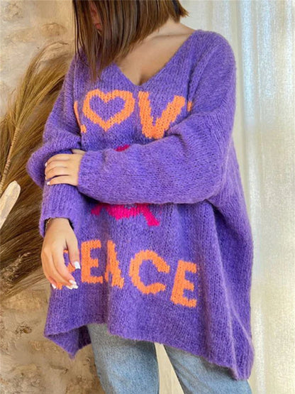 Peace Graphic V-Neck Long Sleeve Sweater-Angel Casuals