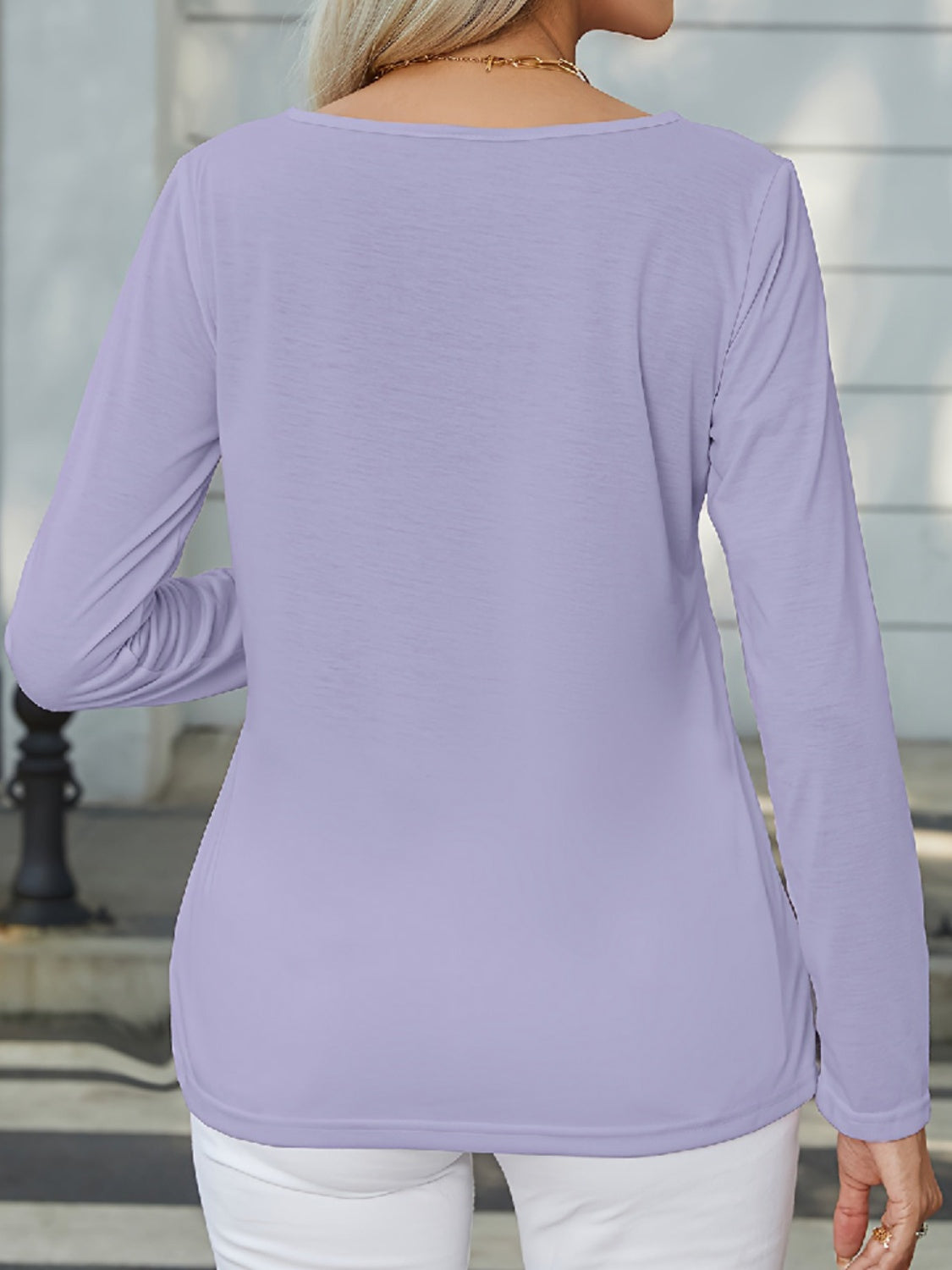 Decorative Button Round Neck Long Sleeve T-Shirt-Angel Casuals