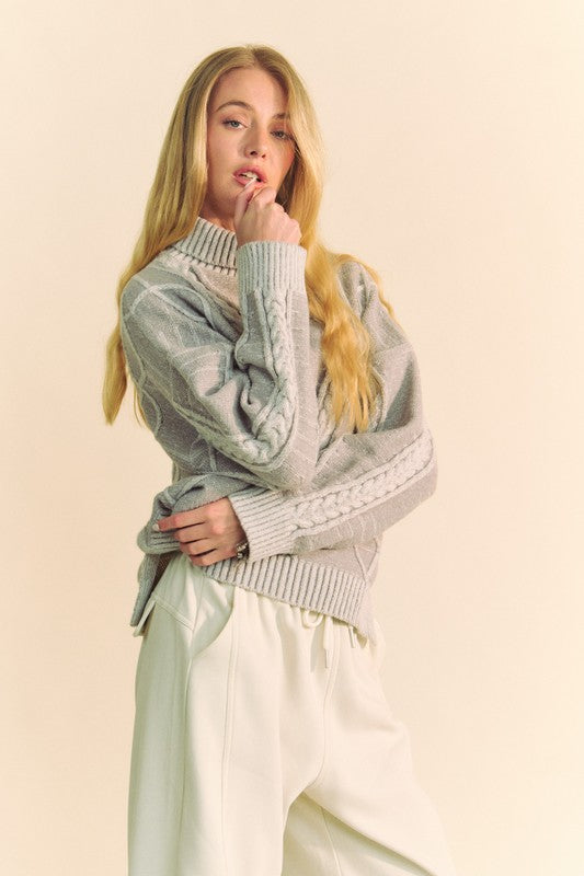 Davi & Dani Cable-Knit Turtleneck Dropped Shoulder Sweater-Angel Casuals