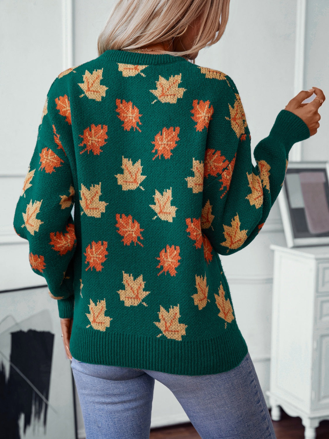 Maple Leaf Round Neck Long Sleeve Sweater-Angel Casuals