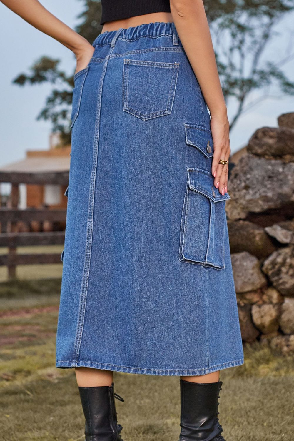 Slit Front Midi Denim Skirt with Pockets-Angel Casuals