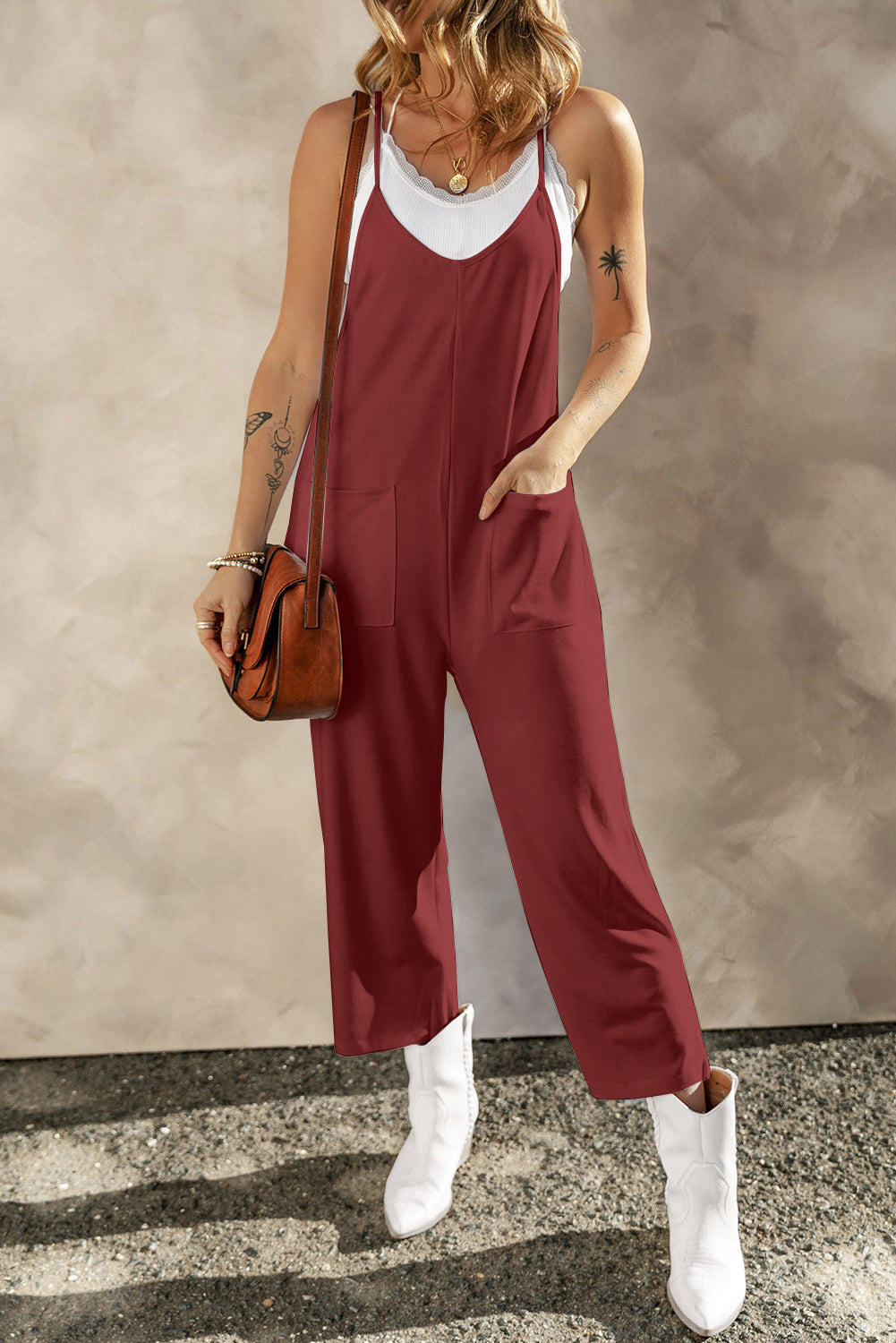 Pocketed Spaghetti Strap Wide Leg Jumpsuit-Angel Casuals