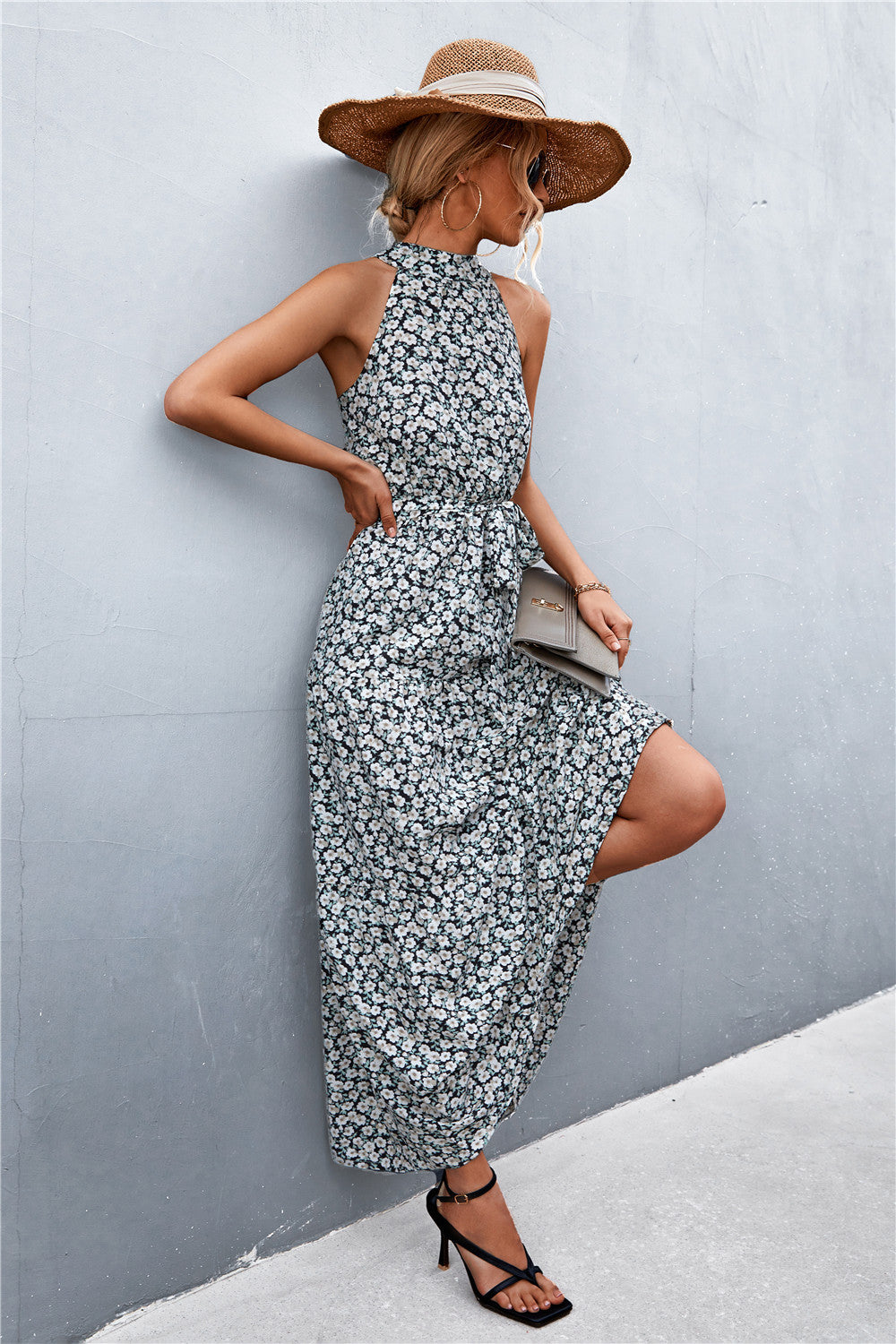 Printed Sleeveless Tie Waist Maxi Dress-Angel Casuals