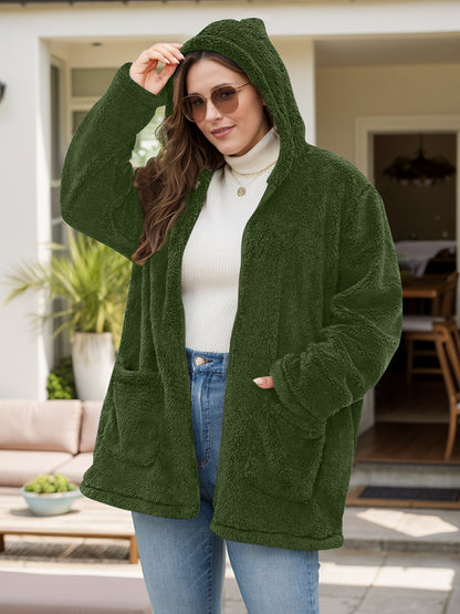 Plus Size Zip Up Long Sleeve Hooded Outerwear-Angel Casuals