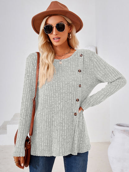 Ribbed Buttoned Round Neck Slit T-Shirt-Angel Casuals