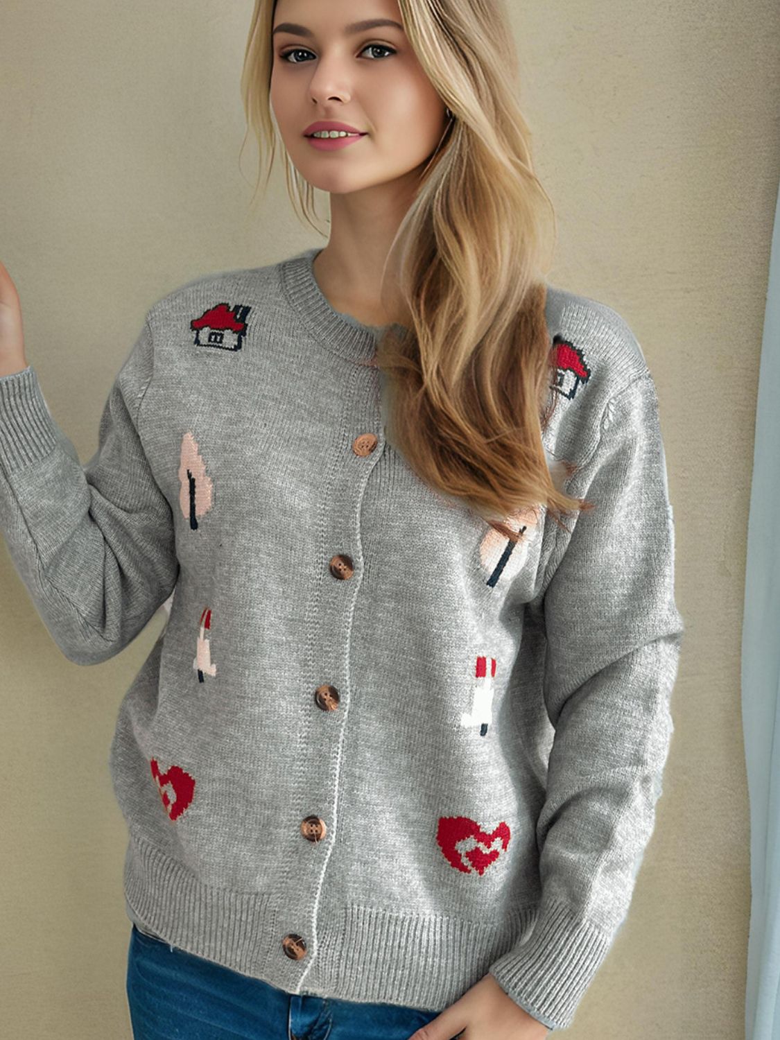 Button Up Round Neck Long Sleeve Cardigan-Angel Casuals