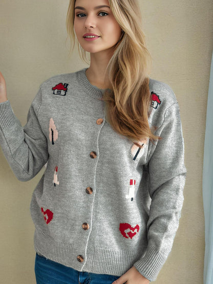 Button Up Round Neck Long Sleeve Cardigan-Angel Casuals