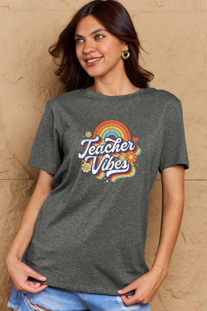 Simply Love Full Size TEACHER VIBES Graphic Cotton T-Shirt-Angel Casuals