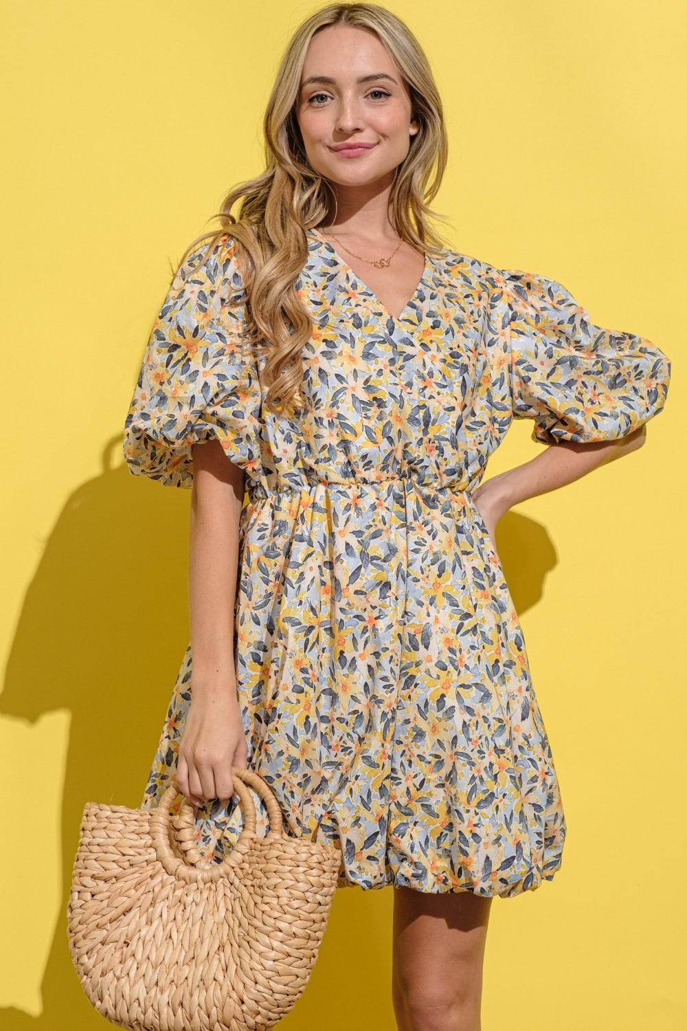 And The Why Full Size Floral Surplice Puff Sleeve Dress-Angel Casuals