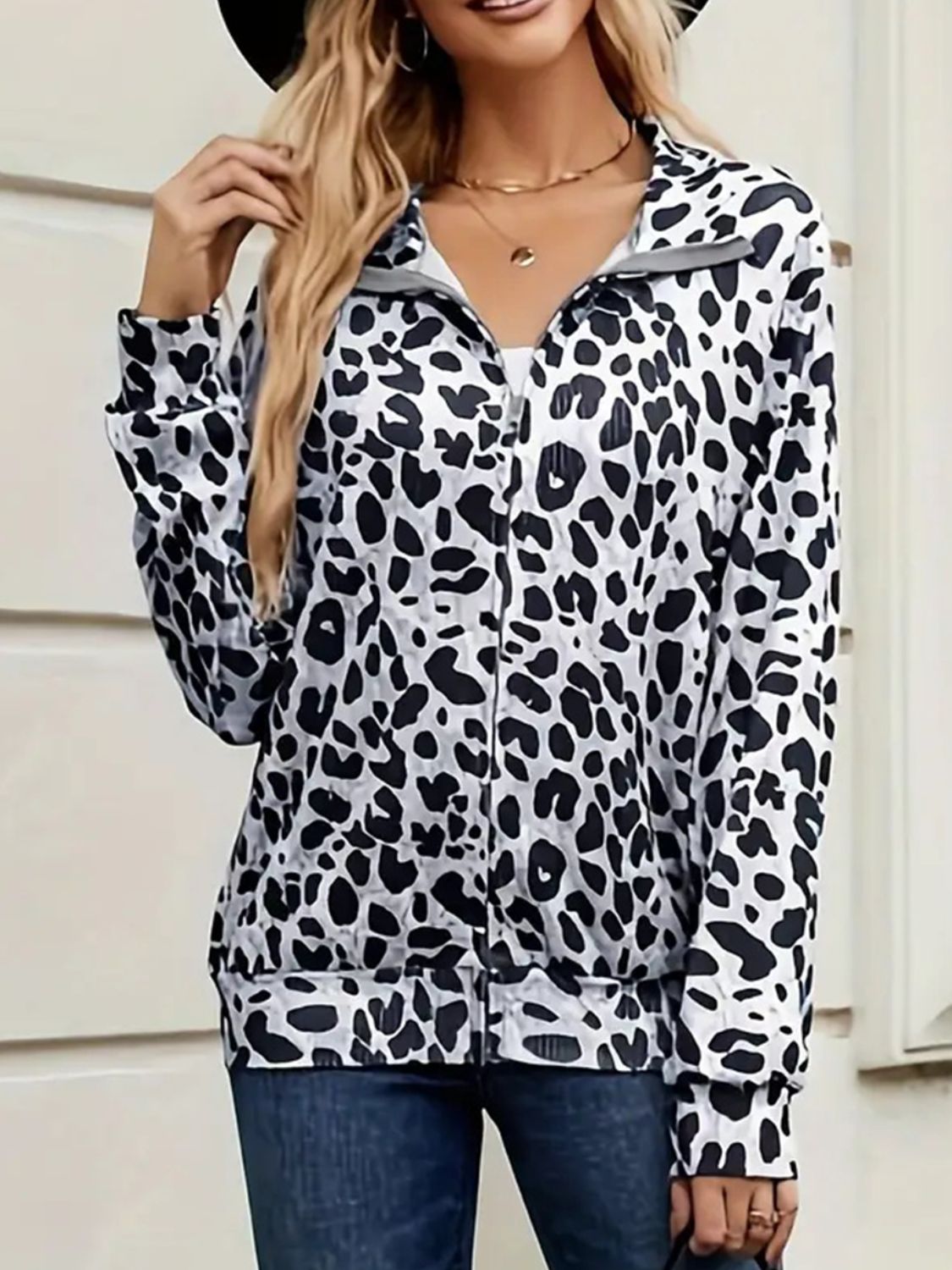 Full Size Leopard Collared Neck Zip Up Jacket-Angel Casuals