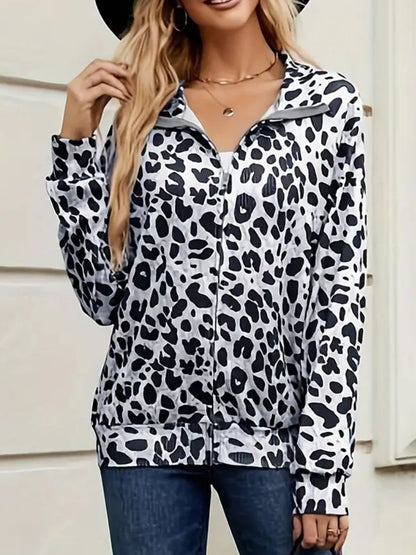 Full Size Leopard Collared Neck Zip Up Jacket-Angel Casuals