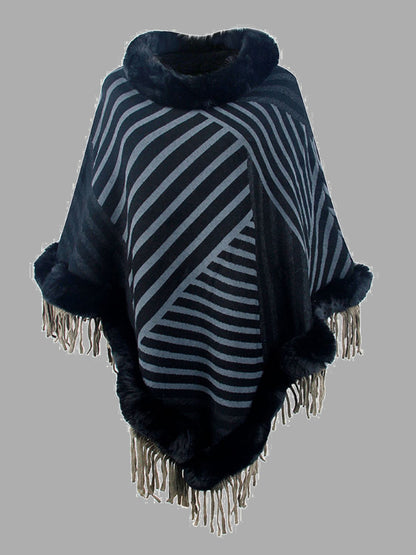 Striped Fringe Hem Poncho-Angel Casuals