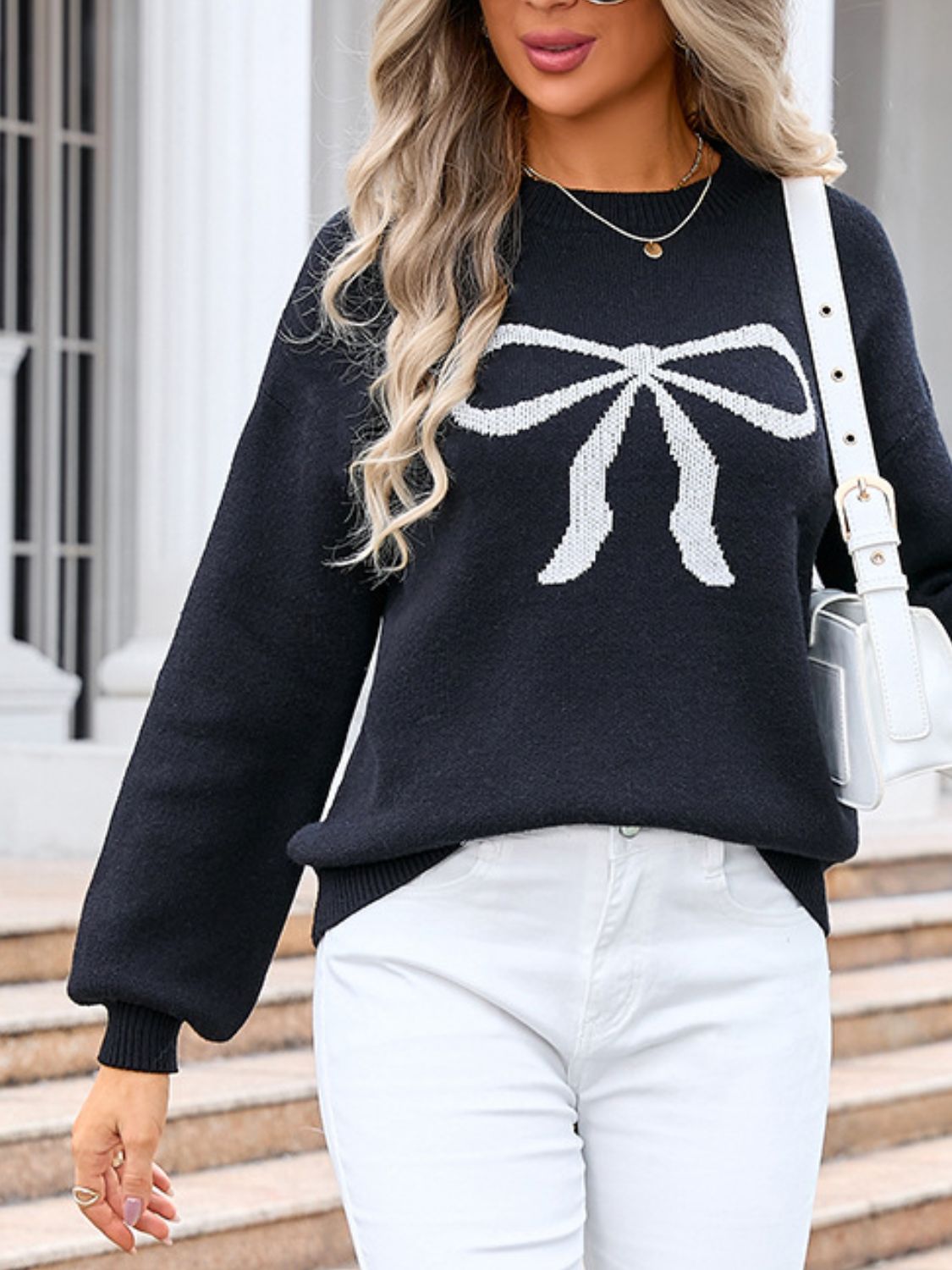 Angel Wings Bow Graphic Round Neck Long Sleeve Sweater-Angel Casuals