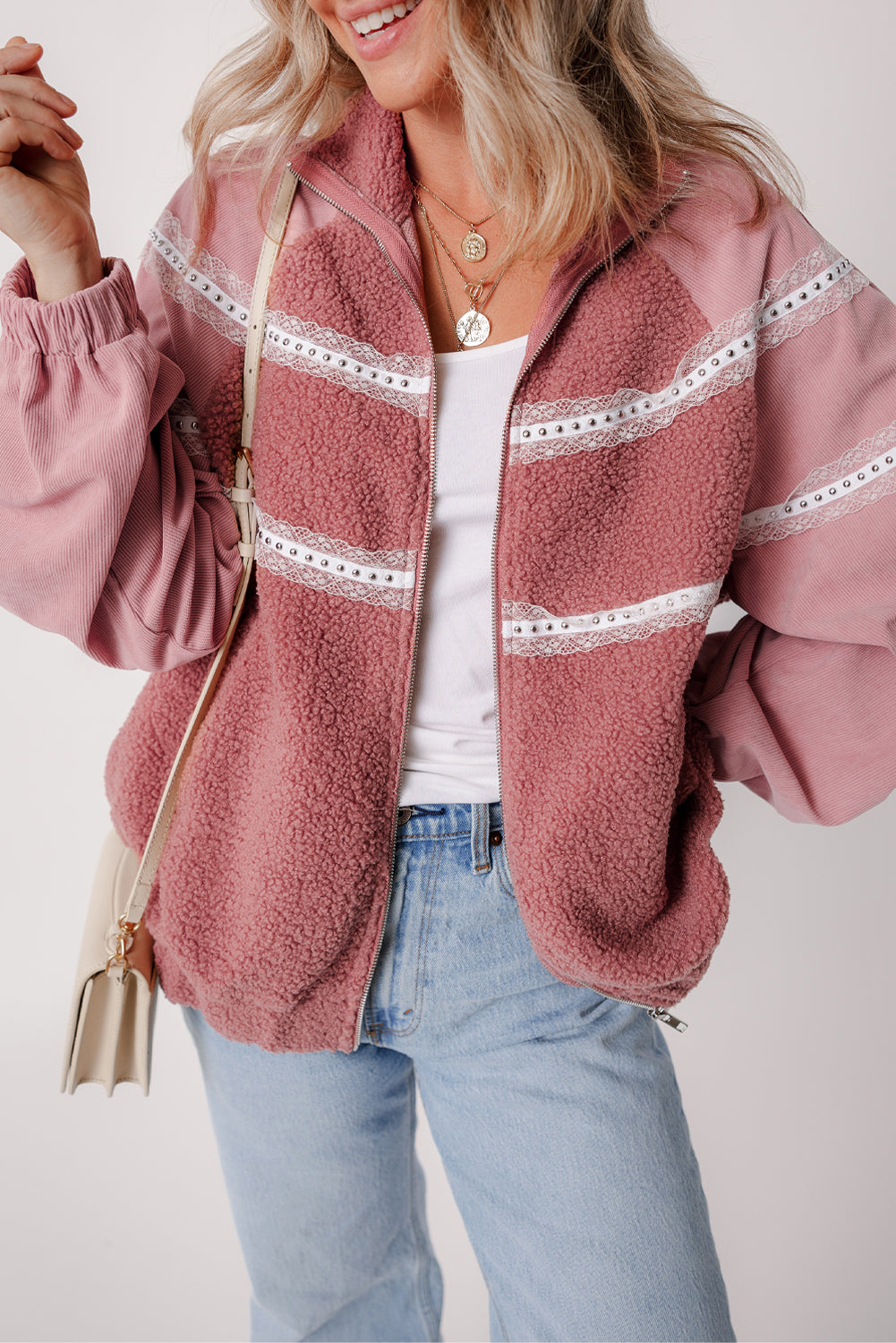 Lace Detail Zip Up Sherpa Patchwork Jacket-Angel Casuals