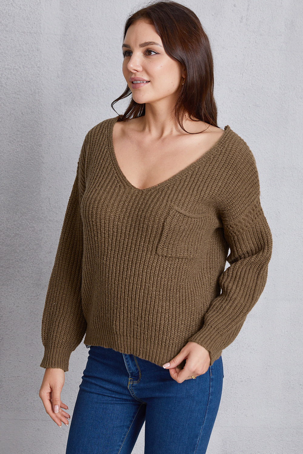 V-Neck Pocketed Dropped Shoulder Knit Top-Angel Casuals