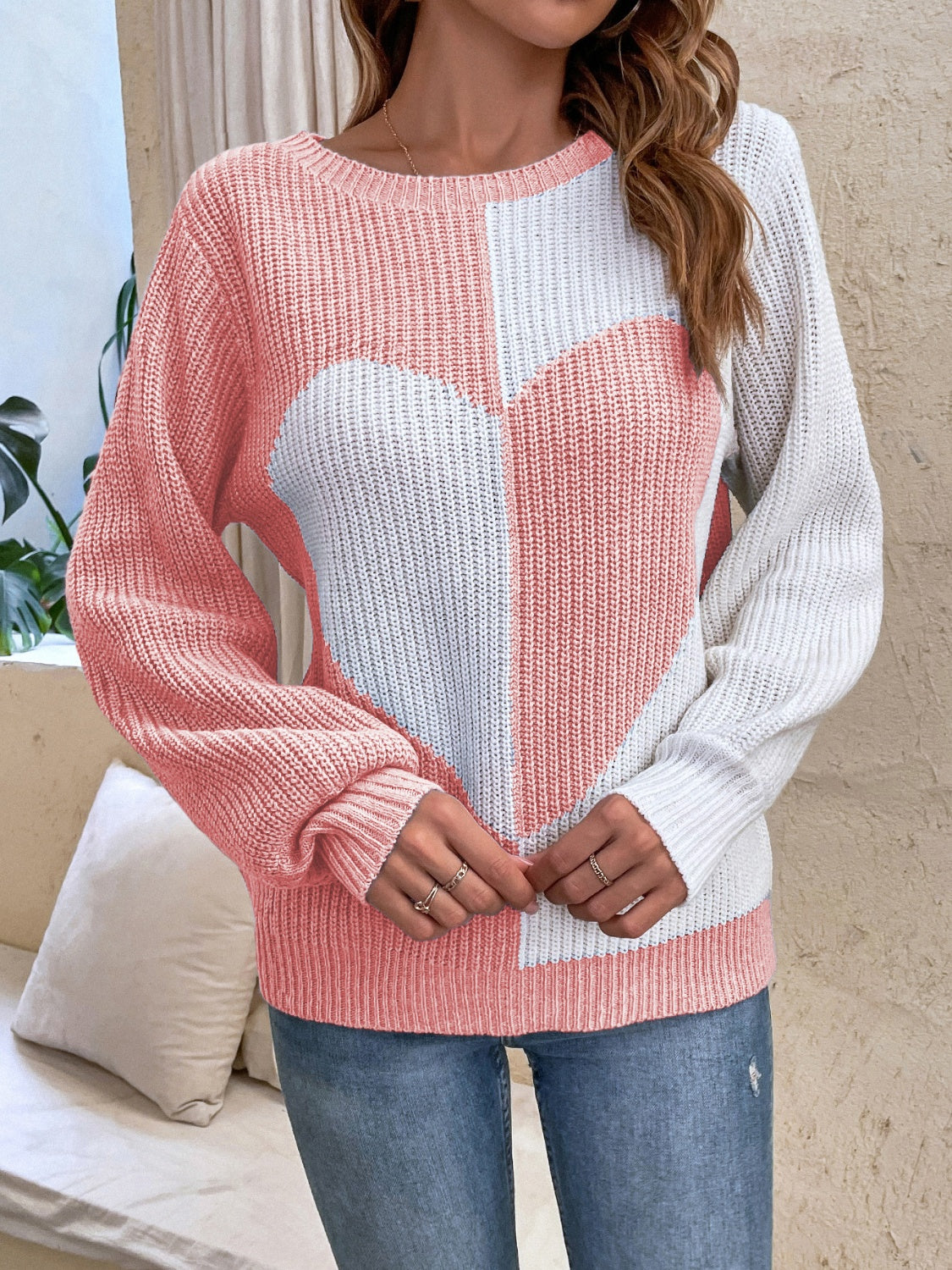 Contrast Heart Round Neck Long Sleeve Sweater-Angel Casuals