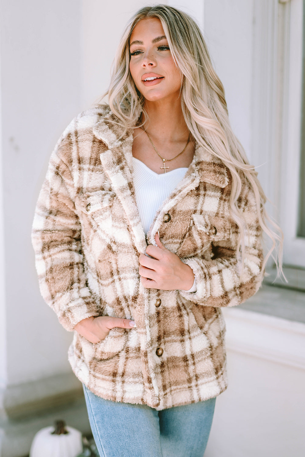 Plaid Collared Neck Jacket-Angel Casuals