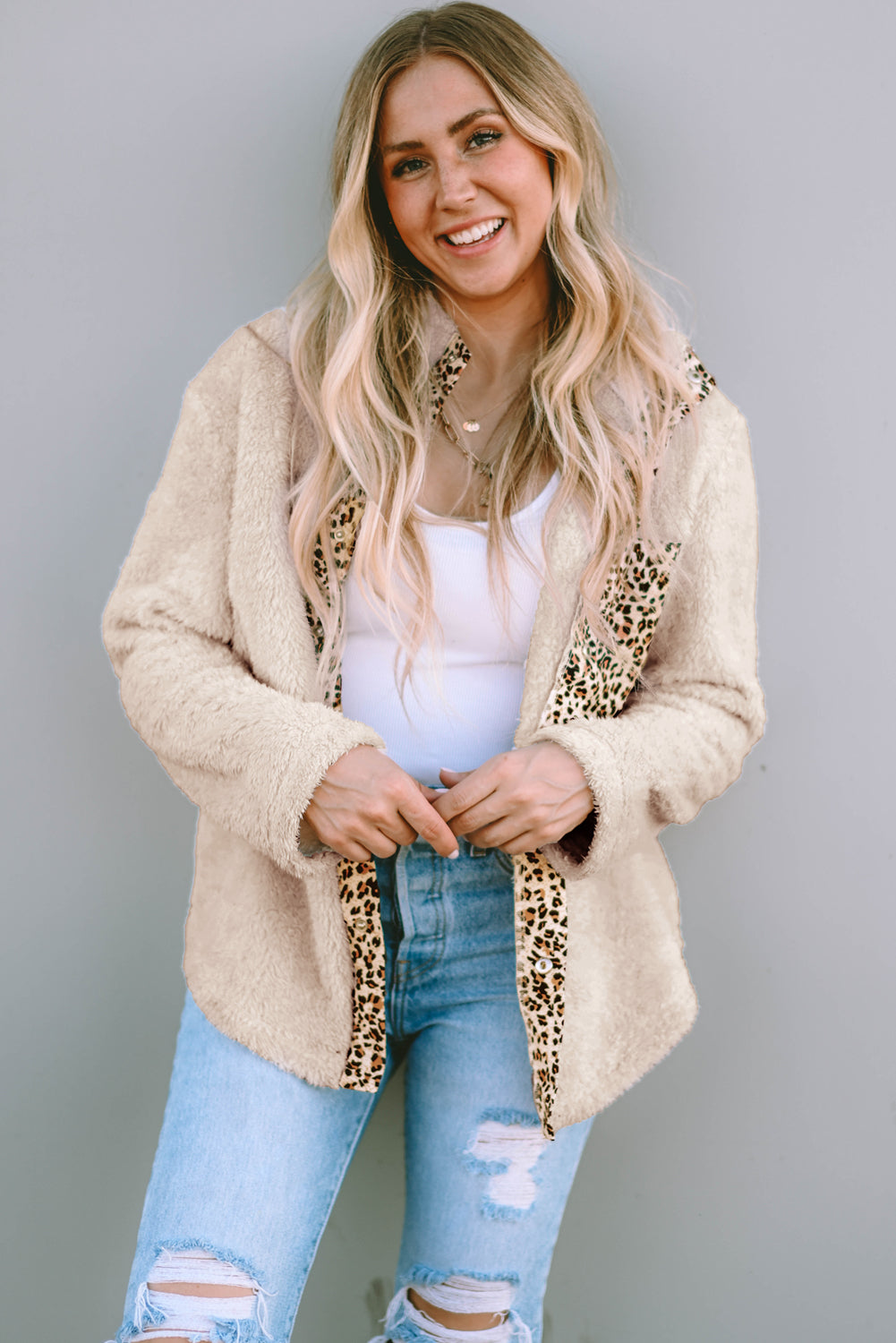 Leopard Snap Down Pocketed Collared Neck Jacket-Angel Casuals